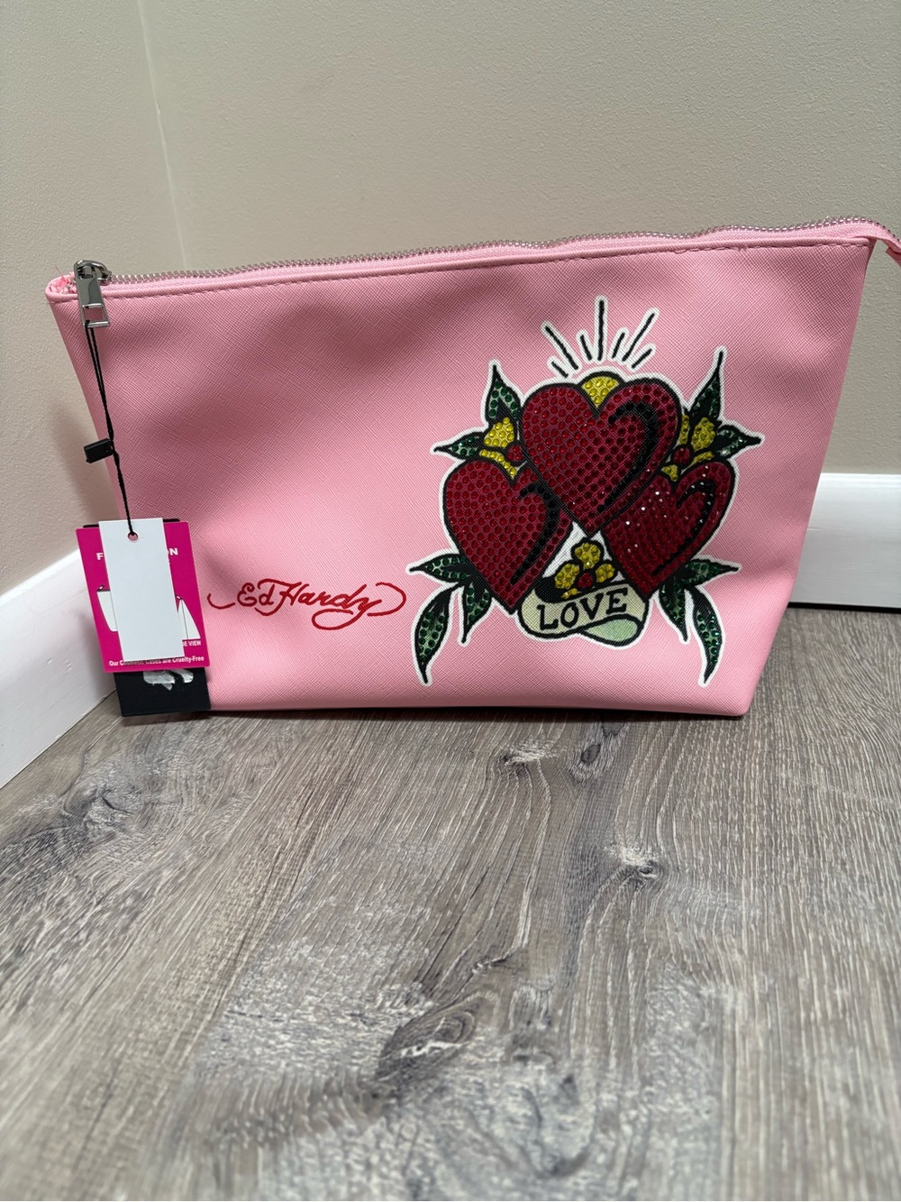 Ed Hardy Love Rhinestone Heart Cosmetic Case NWT